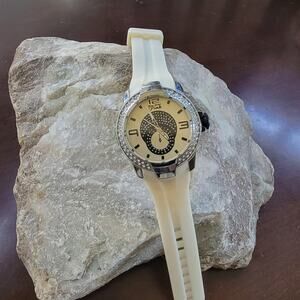 Oversized Crystal Bezel Watches Cream Silicone Strap Textured Dial Bold Design